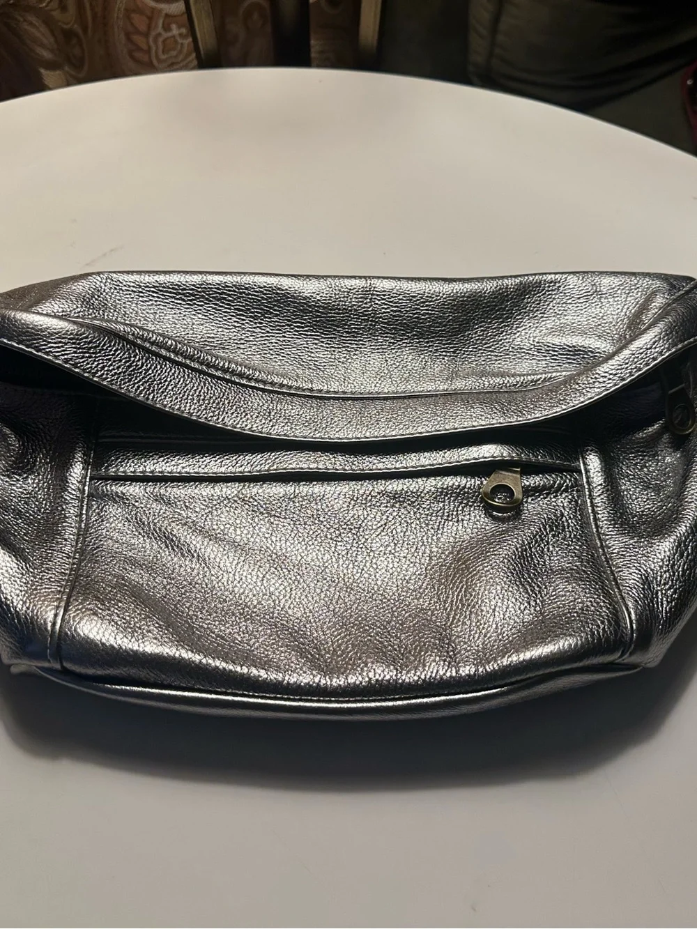 Parker Thatch Metallic Silver Leather Crossbody Bag with Brown Strap